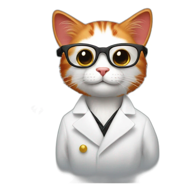 A red cat in a white coat with a feather behind his ear and full-length black glasses with atoms above his head sticker