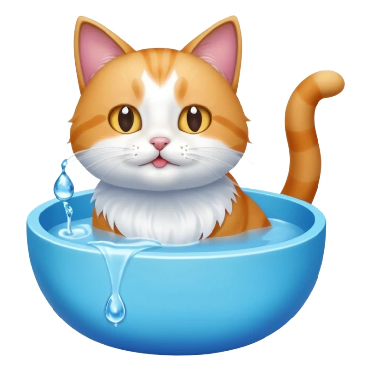 A water bowl and a cat licking sticker