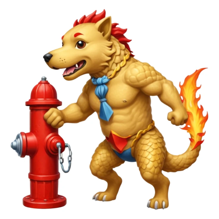 A rock creature gets into a fight with a fish that has grown human legs and arms while they are fighting. A dog stands with a fire hydrant. sticker