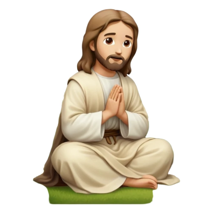 Jesus kneeling to pray in a garden, hands clasped, reverent expression, emoji style sticker
