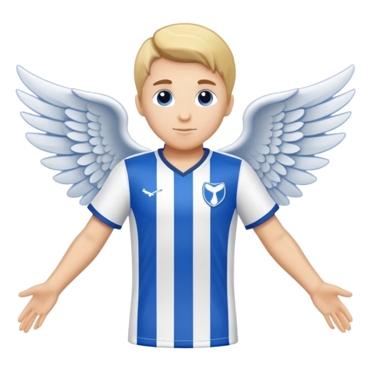 Blue and white soccer jersey with an angel symbol on the front sticker