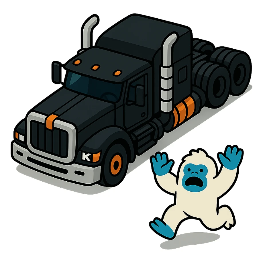 Remove the background, keep only the black 2026 Kenworth W680 flat top semi sleeper and the small abominable snowman, top-down vibrant toon style, no text. sticker