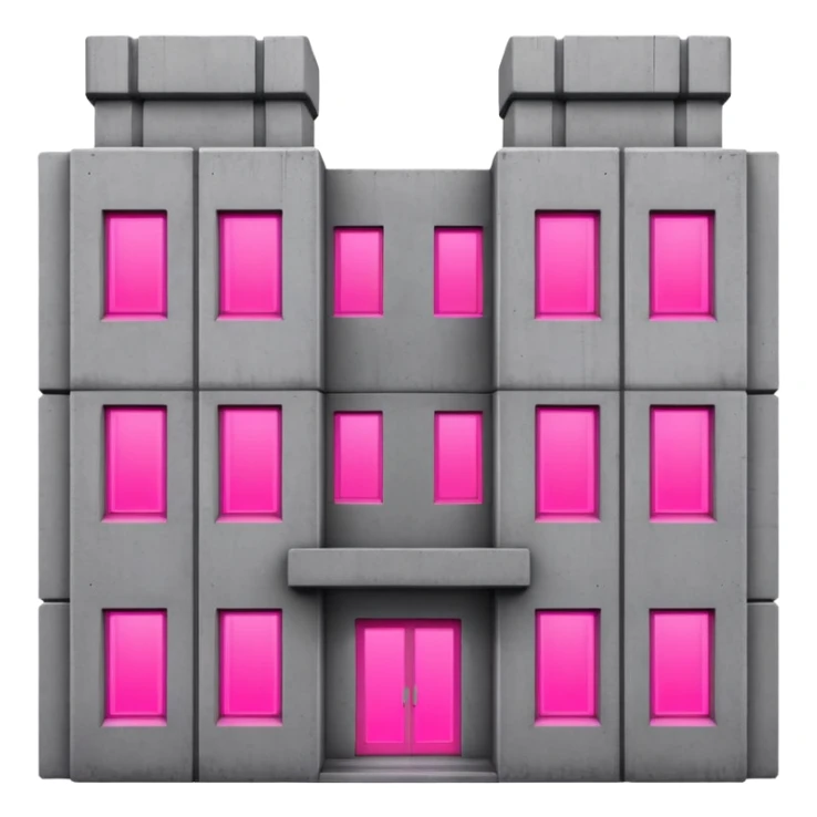 brutalist gray concrete block building with two neon pink windows and many normal windows sticker