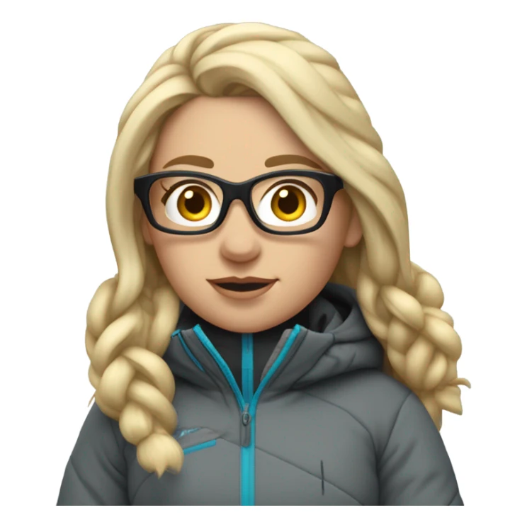 slightly chubby female skier with long blonde hair, glasses, grey snow jacket, black pants and black skis. no poles sticker