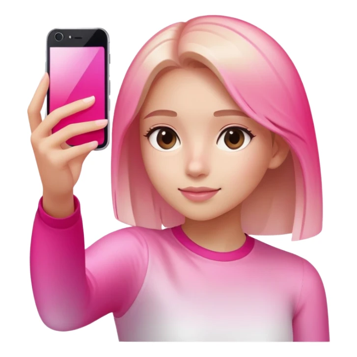 girl taking selfie, transparent glass with bright pink gradient from #FF335F to #FF99AA, highlights and reflections, minimalistic sticker