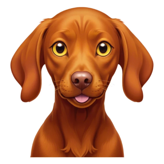 Cinematic Comical Vizsla Portrait Emoji, Head tilted dramatically with an exaggeratedly amused expression, featuring a striking rust and gold Fur with bold accents, wide, expressive amber eyes filled with playful disbelief, Simplified yet hilariously expressive features, highly detailed, glowing with a slightly sassy glow, high shine, dramatic yet playful, stylized with an air of cheeky mischief, bright and endearing, soft glowing outline, capturing the essence of a spirited and over-the-top companion, so meme-worthy it feels like it could side-eye its way into internet fame instantly! sticker