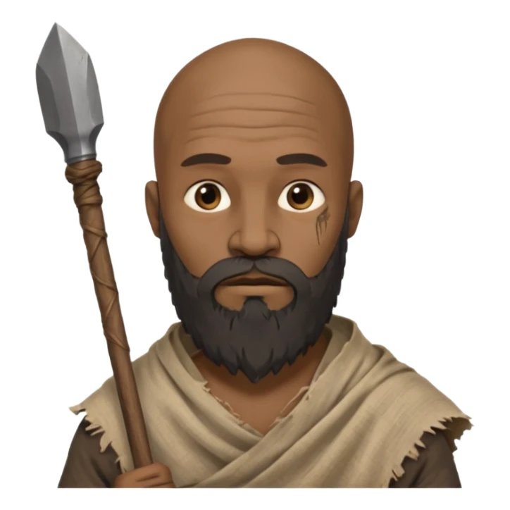 black ancient man, tattered cloth with raw stick weapon, beard and bold sticker