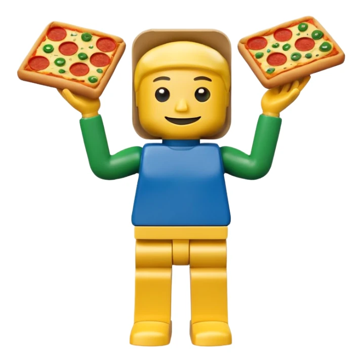Minifigure: yellow square head  blue square troso rectangular yellow arms and green legs with a pizza on the head sticker