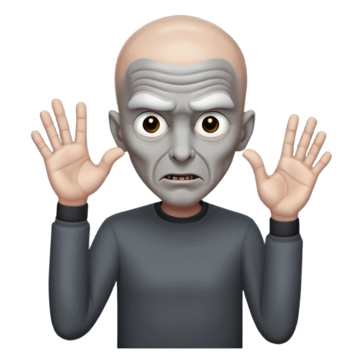 Rick Astley with bald grey head possessed by a demon because there is fingers in front of his face and he has no pupils and his head and body and clothes are gray and the background is pitch black sticker