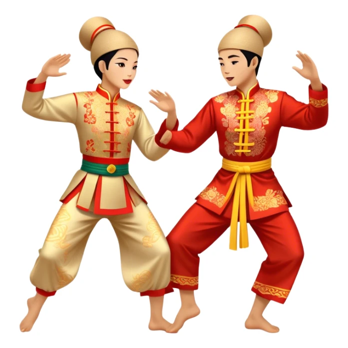 Cinematic Realistic scene of two performers executing a traditional Vietnamese folk dance, adorned in intricately patterned traditional costumes, captured in fluid motion with soft, culturally rich lighting sticker