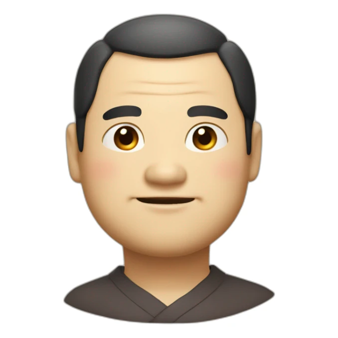 Japanese uncle with a fat round face, slightly droopy eyes and eyebrows, thick lips, large head, dark brown hair, smiling with a pencil sticker