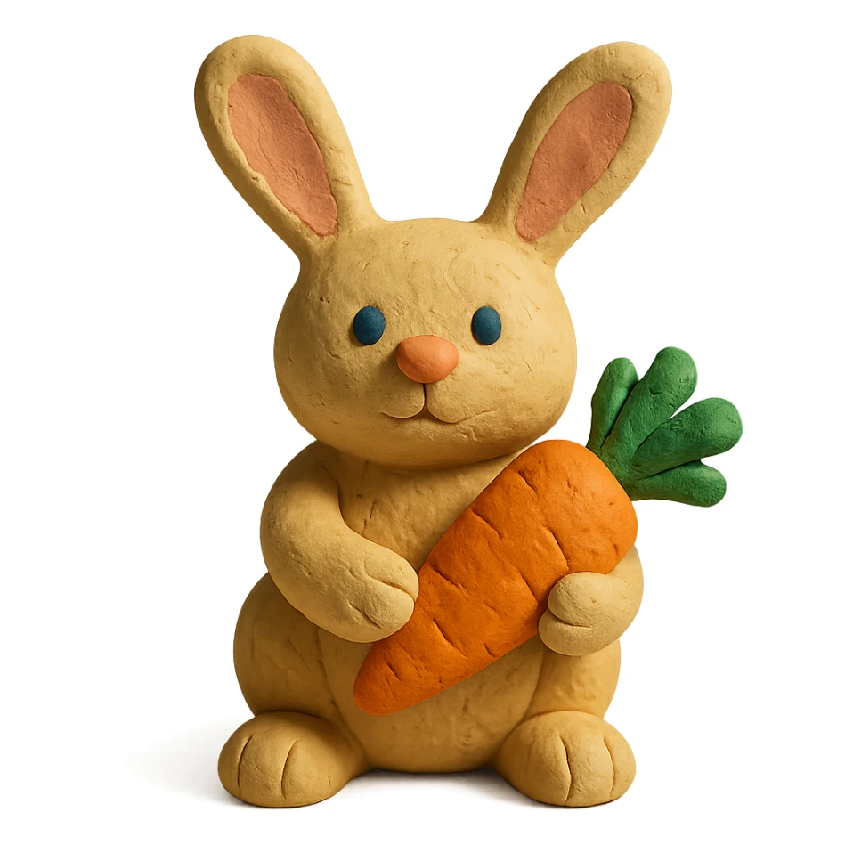 rabbit holding a carrot, soft lighting, textured look, vibrant colors, claymation style sticker