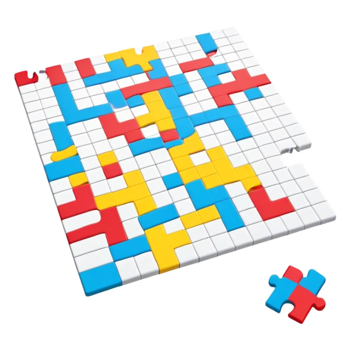 A photorealistic icon with a colorful, fragmented puzzle piece, a crossword magazine, a 3D puzzle, and a partially completed puzzle on a table. Bright, detailed design with realistic lighting. Transparent background, clearly symbolizing puzzles and brain games. sticker