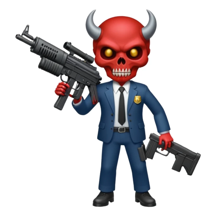 A Demon from hell that is dressed like a fbi agent with a machine gun, full body pointing the machine fun to the left. In the style of your bleeding skull artwork. Just one machine gun sticker
