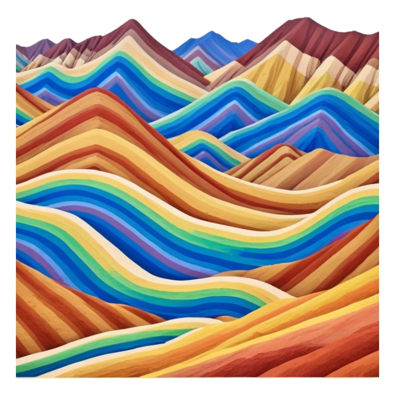 Rainbow Mountains Zhangye Danxia colorful striped hills, simplified emoji style with bold outlines and bright colors, cartoon style multicolored mountain ridges sticker