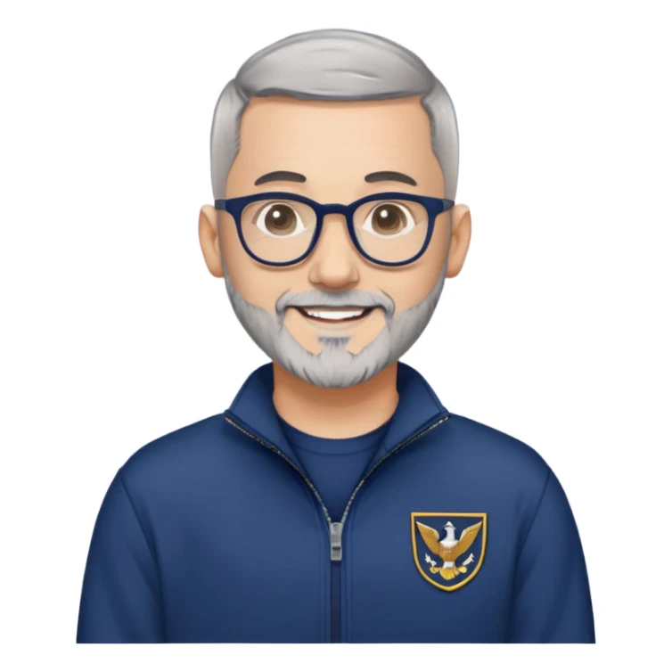 Man with light skin, extremely short black hair (military buzz cut), short peppered gray beard, large black-framed glasses, smiling face, navy blue zip-front sweatshirt with long sleeves sticker