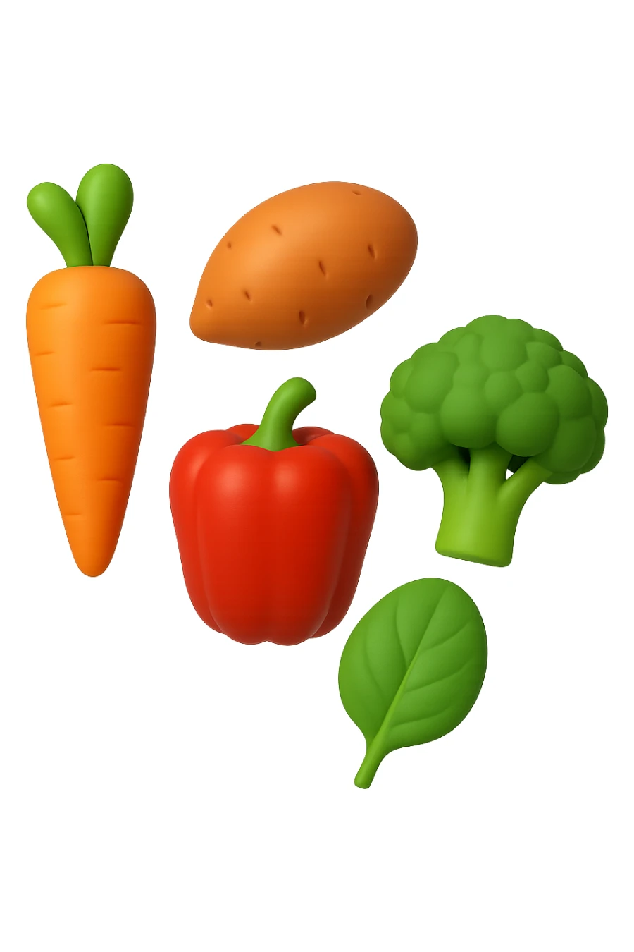 emoji 3d stile iphone di cinque cibi vegetali, vitamina A e glutammina che fluttuano in aria 3d sticker