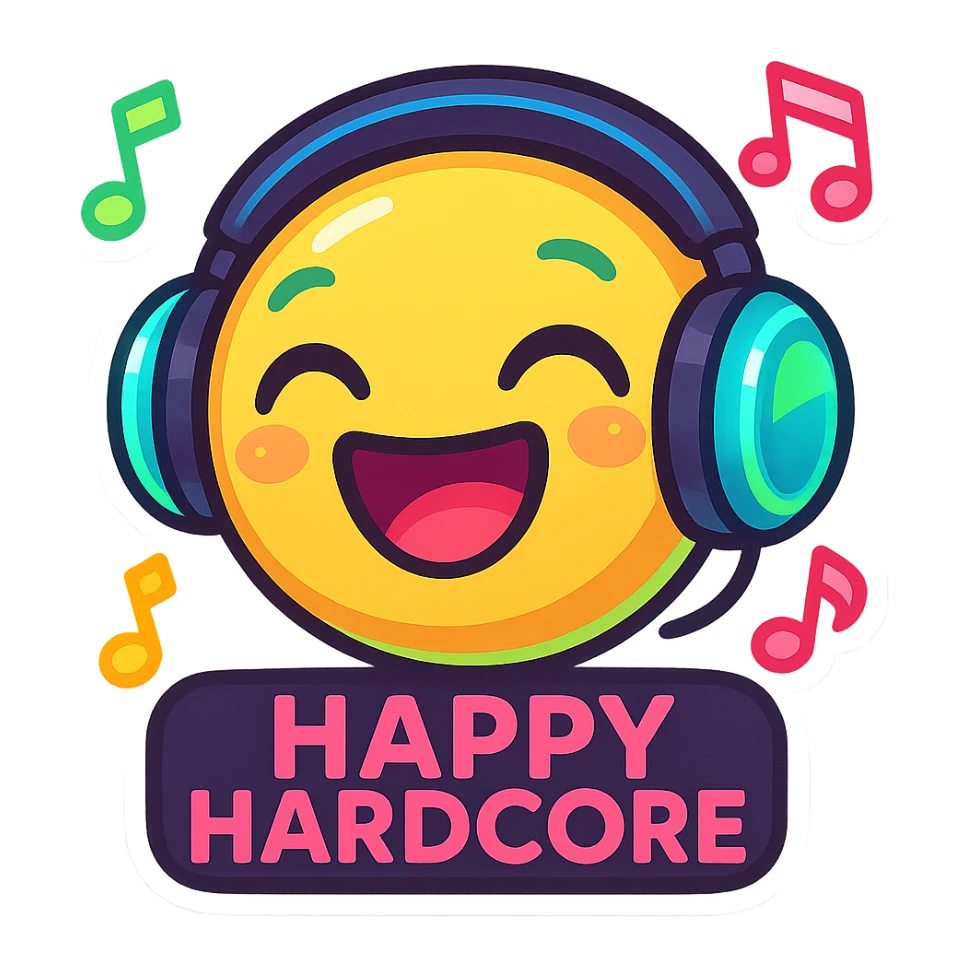 vibrant energetic emoji representing happy hardcore music with neon colors smiley face rave elements sticker