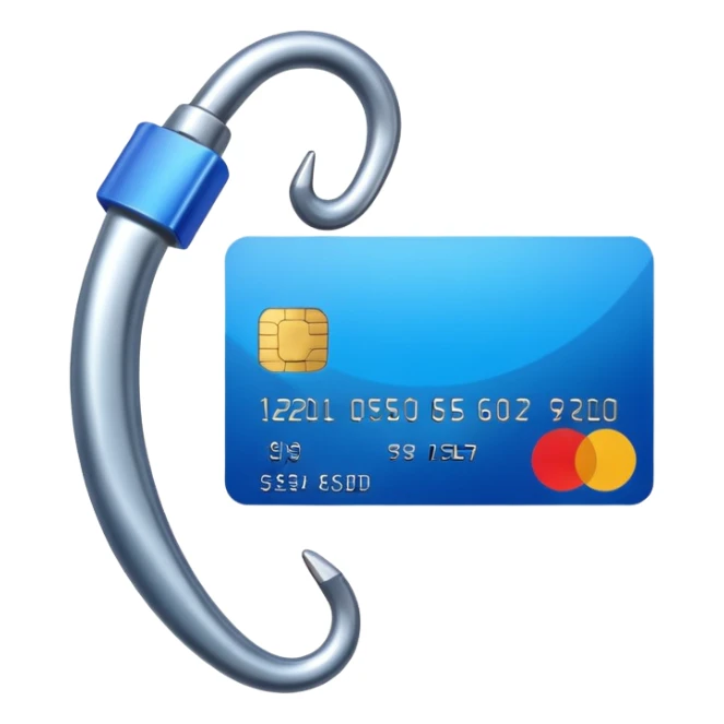 phishing, fishing hook holding a credit card sticker