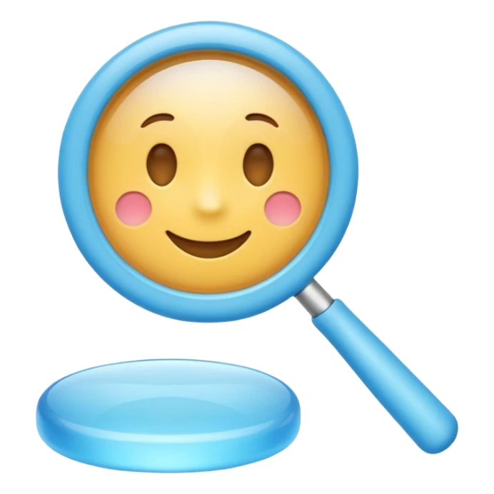 A 3D emoji-style magnifying glass, smooth rounded shapes, soft gradient blue ring, glossy plastic material, subtle highlights and reflections, simple minimal design, pastel blue color, slightly thick proportions, soft lighting, clean white background, modern emoji aesthetic, centered composition sticker