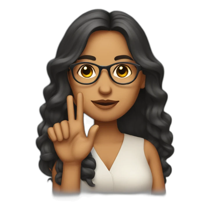 Indian woman with medium long wavy hair wearing glasses, showing one hand with crossed fingers sticker
