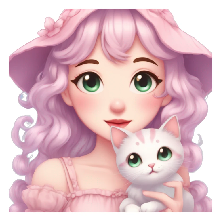 Gorgeous pastel anime style lady with blushing face and holding a kitten cottagecore fairycore pastelcore colorful pearly romantic simplistic aesthetic trending style sticker