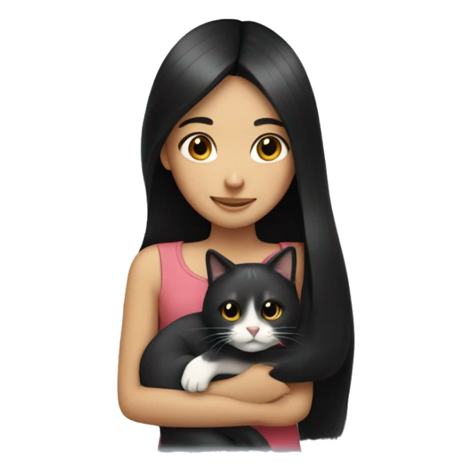 girl with very long black hair and  hugging a cat  sticker