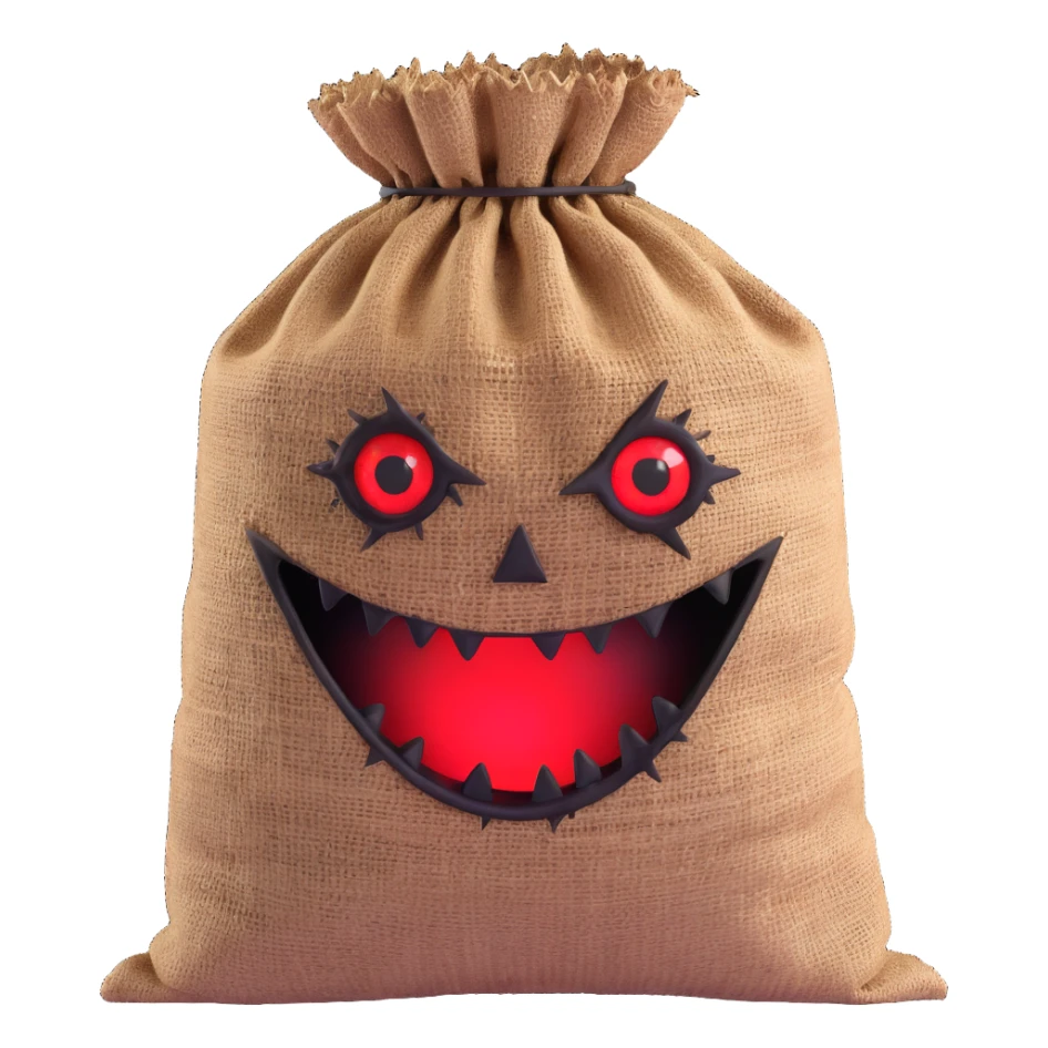terrifying burlap sack face with jagged stitches and glowing red eyes sticker