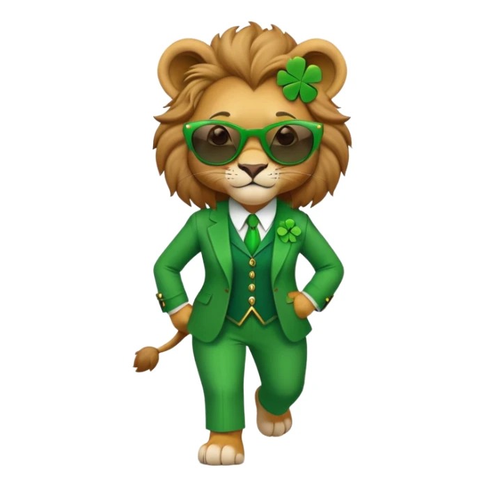 confident anthropomorphised female lion in St. Patrick's Day green clothes with shamrock accessories, dark sunglasses, walking upright, looking self-assured sticker