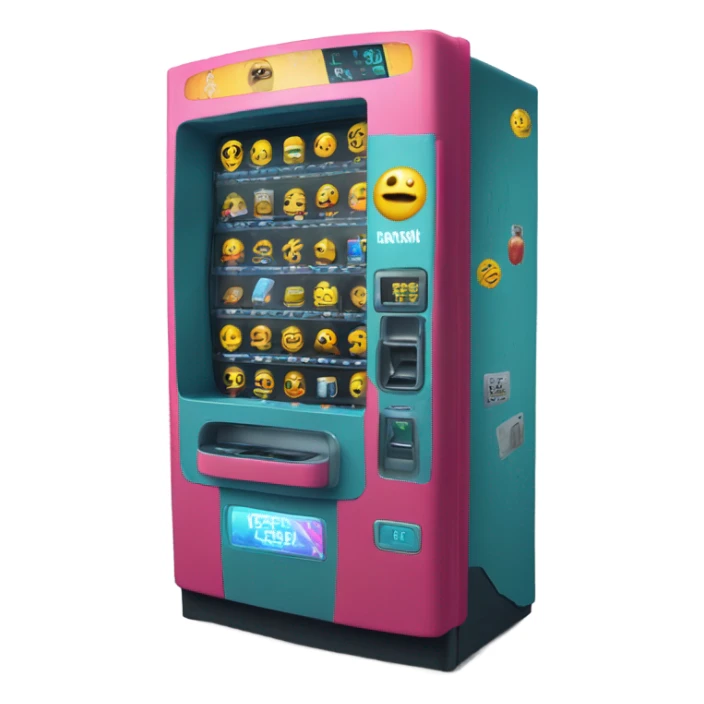 sci-fi concept vending machine, damaged, sentient, confused face sticker