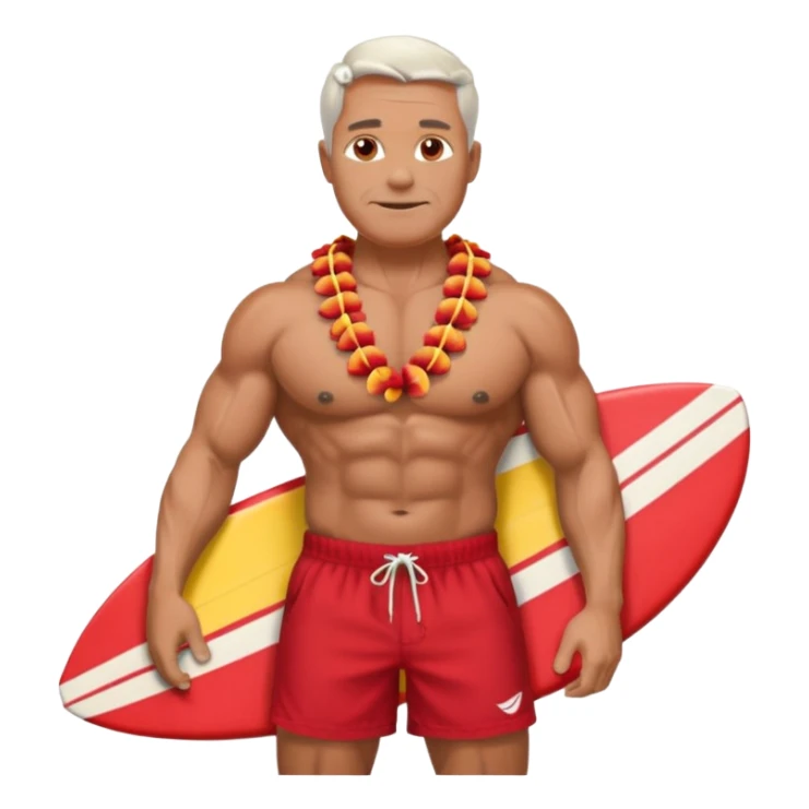 50 year old muscular man with red shorts and a shell lei surfing sticker