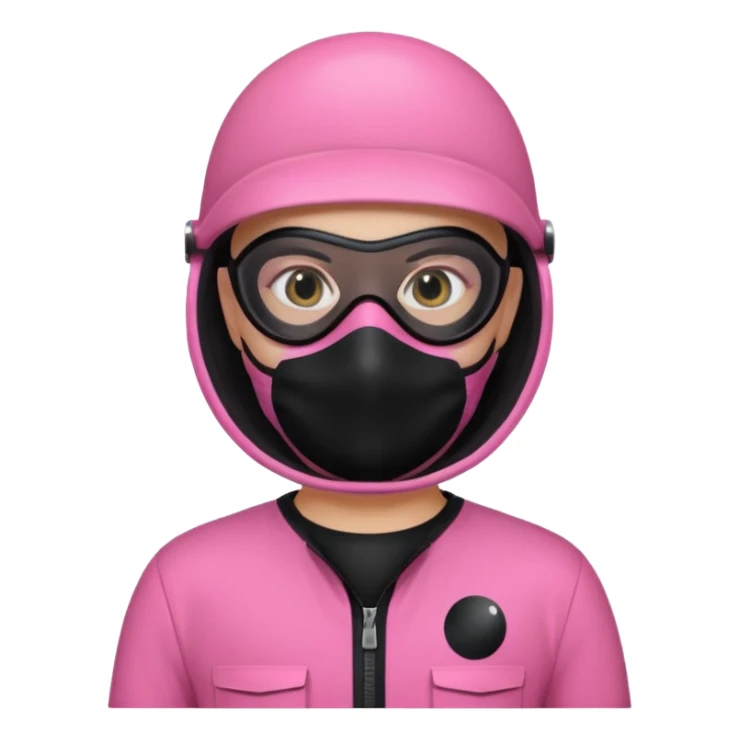 guard from Squid Game Round 6 wearing pink jumpsuit and black mask with white circle, apple emoji style sticker