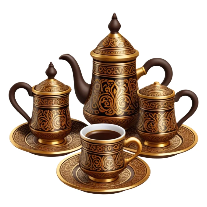 Turkish Coffee Set – Cinematic Realistic Turkish Coffee Set, depicted as an elegantly arranged ensemble of ornate coffee cups and a traditional cezve pot, adorned with intricate patterns and rich, warm colors, rendered with detailed textures and soft ambient lighting that captures its cultural heritage. sticker