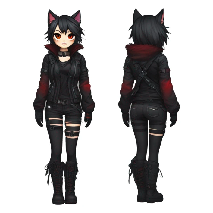 Gorgeous gothic dark techwear anime style anthro cat furry with blushing face aesthetic and pretty edgy black red punk messy ponytail hair with collar and harness trending style sticker