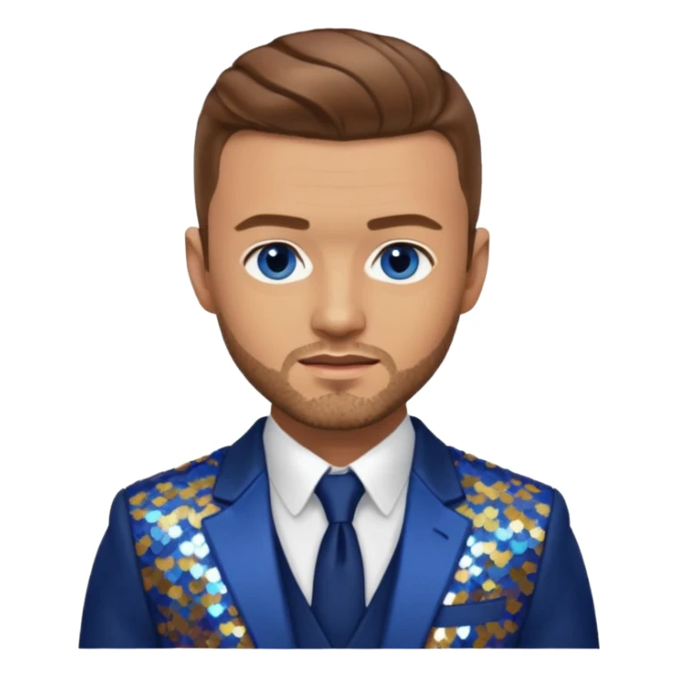 Justin Timberlake with light brown hair, blue eyes, sequin navy blue suit jacket sticker