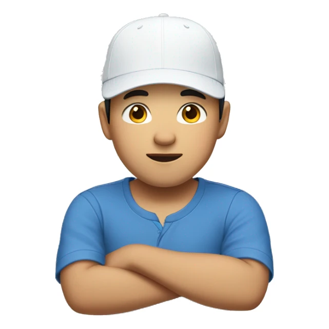 A handsome Asian boy wearing a blue short sleeve shirt and a white cap hat upside down sticker