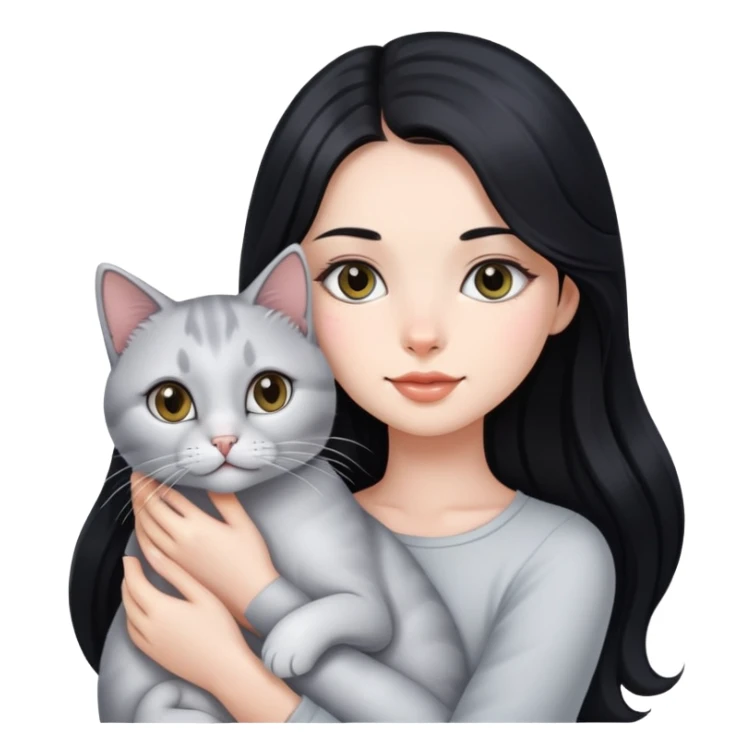 beautiful girl with long black hair holding a silver-colored cat sticker