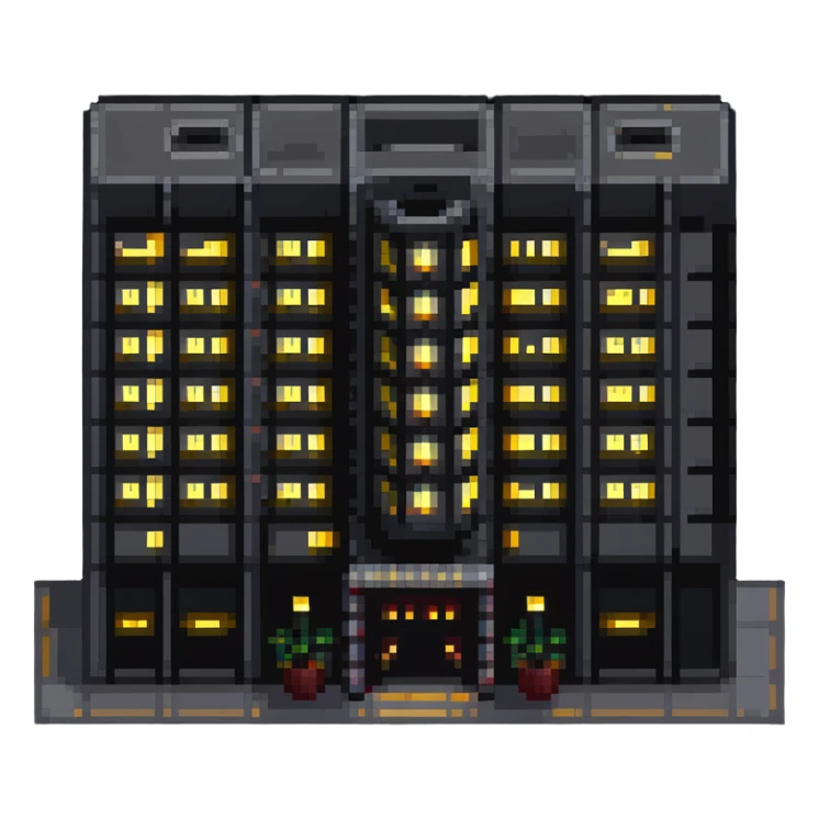 skyscraper hotel with lit windows and entrance sticker