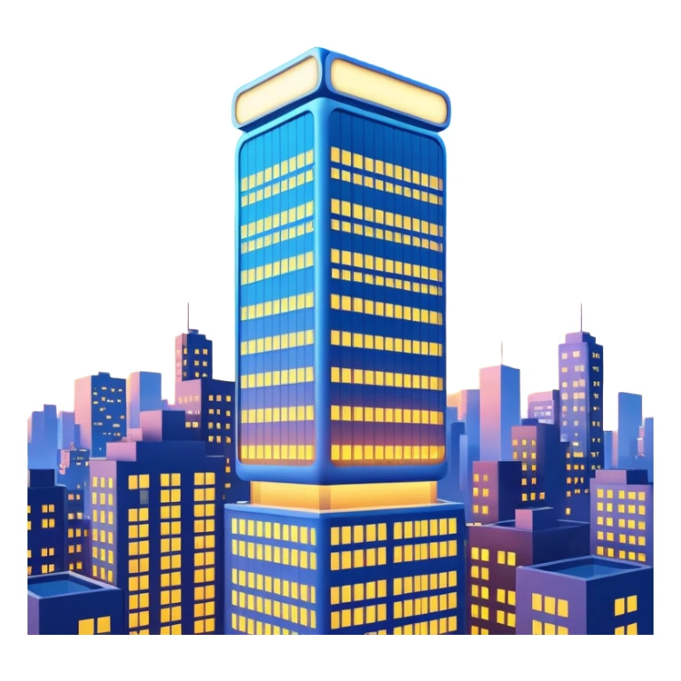 A 3D cartoon city billboard mounted on a tall building, glowing lights at dusk, realistic reflections, Memoji-style. sticker