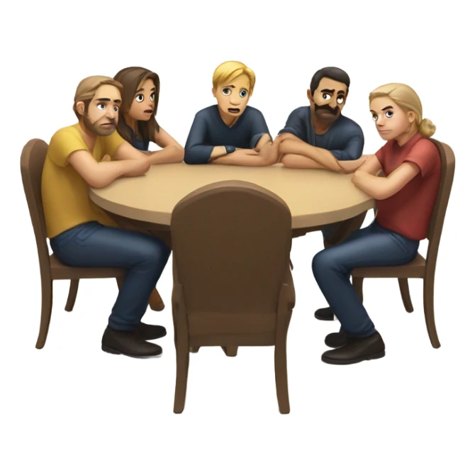 6 Caucasian people sitting around a table looking unhappy sticker