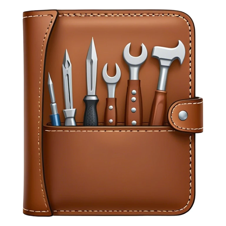 Leatherworking icon, piece of raw leather being crafted into a leather wallet or belt, professional tools like leather stitching awl, edge beveler, hammer, prying tool, minimalistic style, clean lines, transparent background. sticker