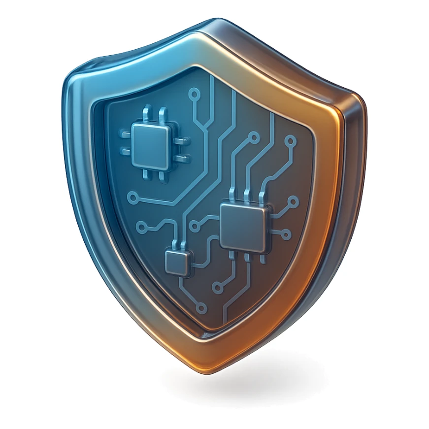 logo of a shield, 3D effect, metallic gradient, strong and secure, tech company vibe sticker