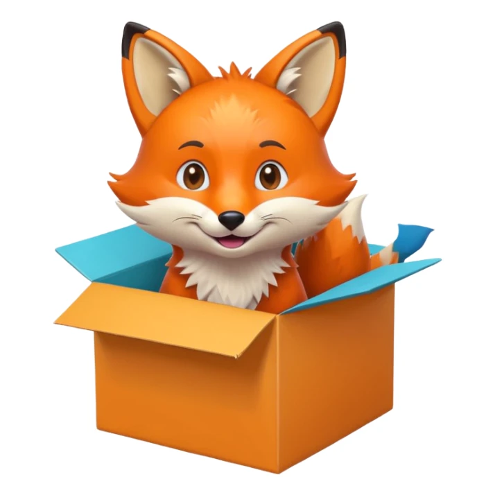 cheerful fox sitting in a colorful box, looking up playfully, emoji style sticker