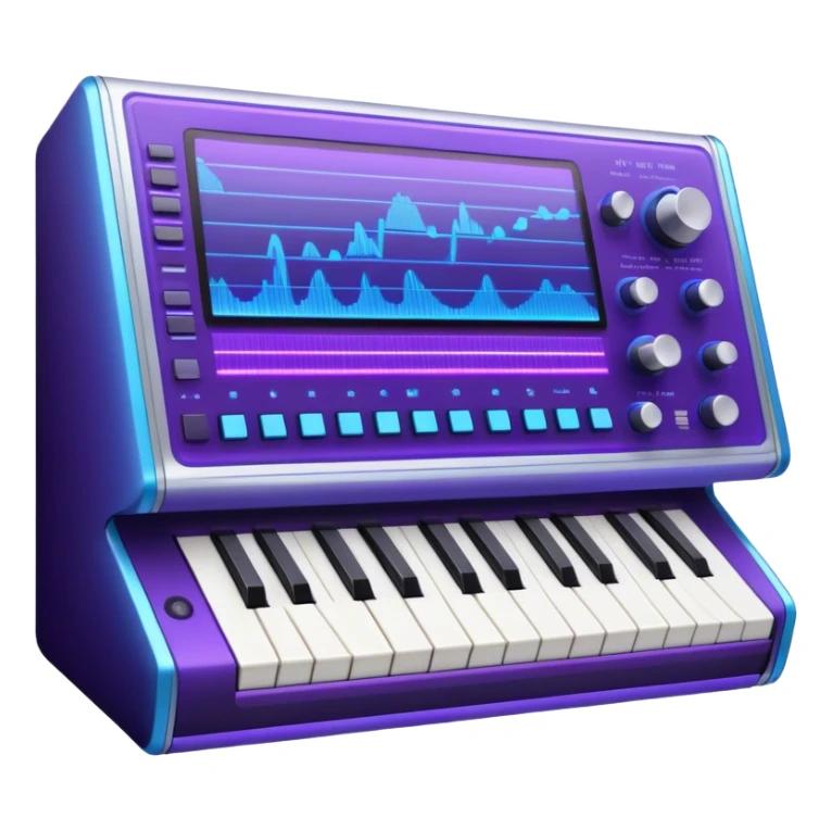 Create a sleek and modern emoji that represents sound design. The design should feature sound waves, a sound mixing console, and a studio synthesizer to symbolize the process of creating and shaping sound. Include elements like a synthesizer or audio effects buttons to highlight the creative tools used in sound design. Use futuristic colors like neon blue, purple, and silver to convey the cutting-edge, experimental nature of sound creation. The background should be transparent. sticker