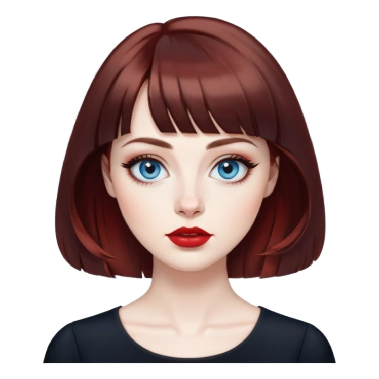 Artistic woman with pale skin, oval face, large blue eyes with eyeliner, thin eyebrows, small nose, red lipstick, dark auburn hair with bangs and slight waves, wearing a stylish black top, creative expression sticker