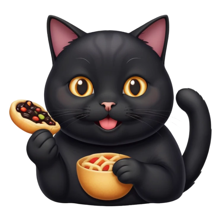 generate a funny black cat who loves to eat and have fun sticker