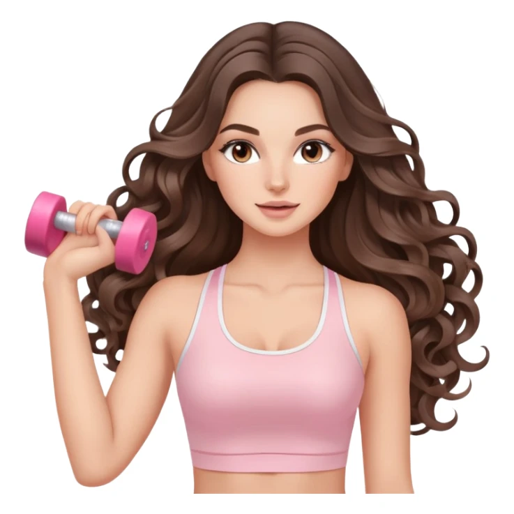 beautiful brunette with a light balayage white girl with nice defined and long curls , very long hair, clean girl makeup STRETCHING HER BODY IN LIGHT PINK GYM sticker