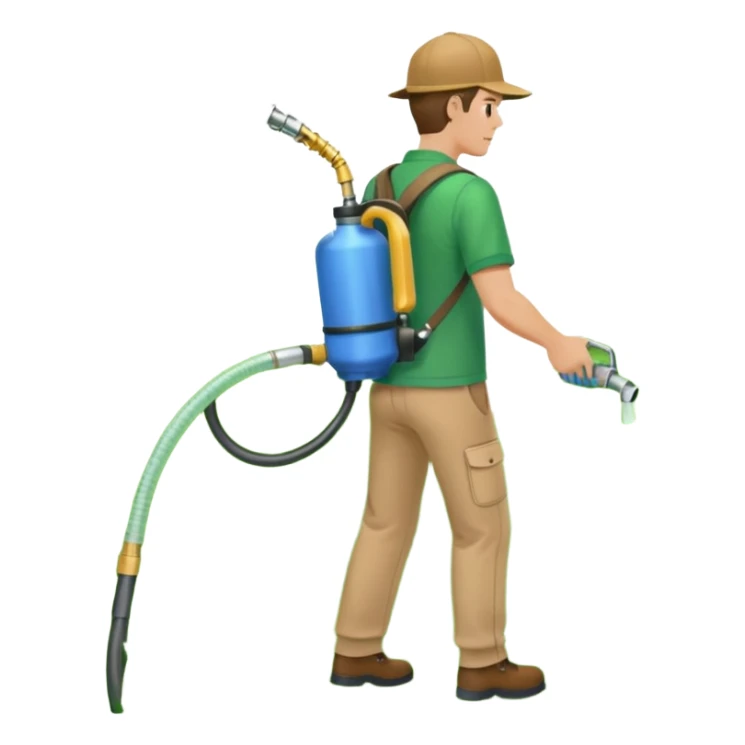 man with a emerald green shirt and tan pants on with backpack chemical sprayer on his back with the hose in his hand pointed downwards at bright green grass sticker