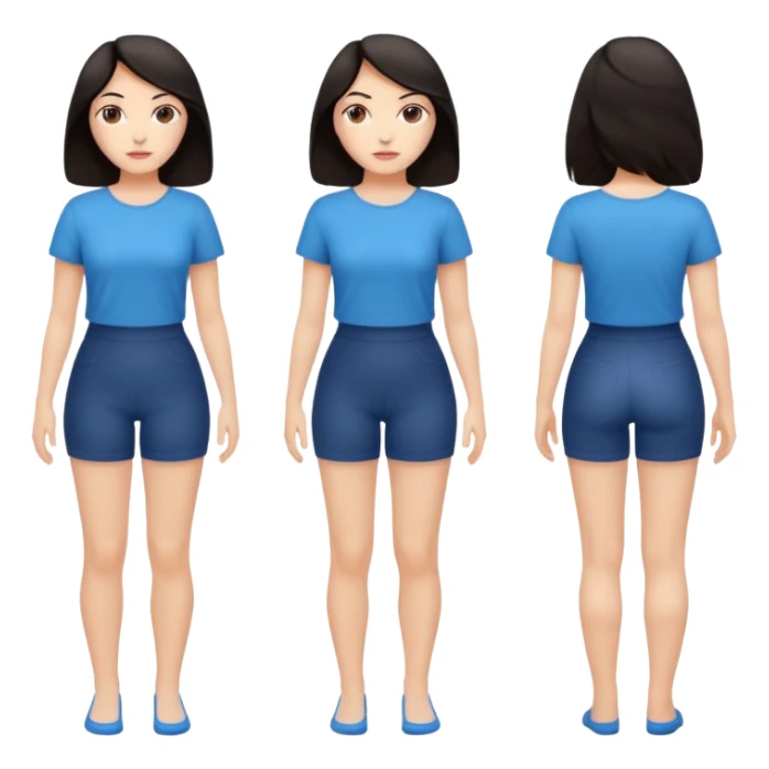 white woman dark hair full body two front views, two back views, two side views. Make it transparent background. sticker