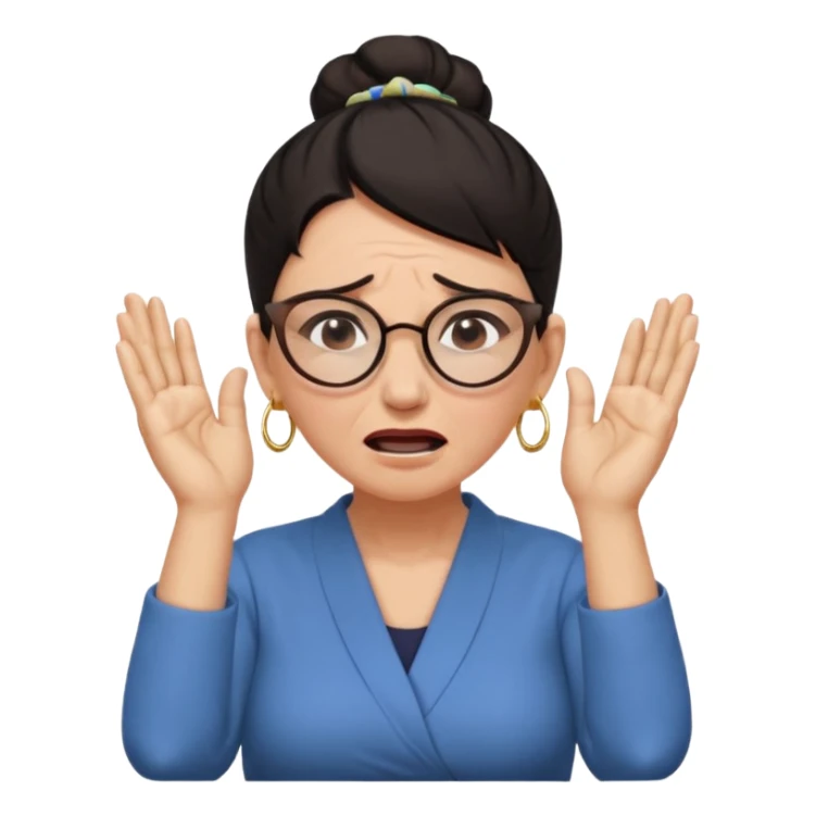  middle aged woman with dark hair pulled up in a high bun, wearing round ring earrings and glasses, expression extreme pain on her face, covering her ears with her hands very painful expression on her face, eyes squeezed shut, wincing in pain covering her ears with her hands sticker